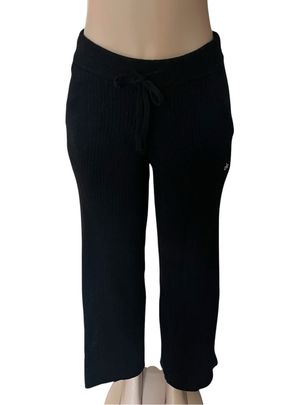 ALO Yoga Black Ribbed Wide-Leg Drawstring Pants - Picture 2 of 5